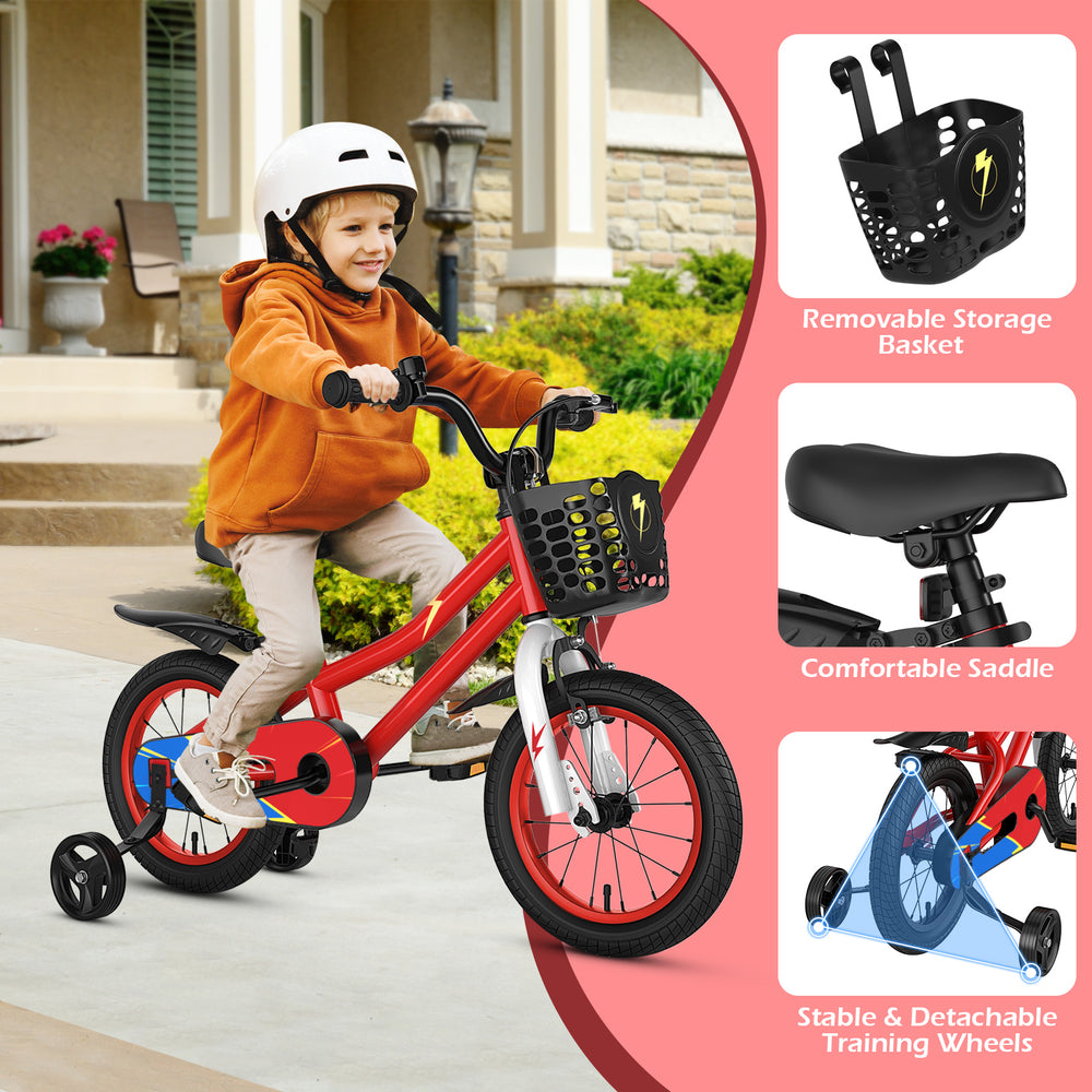 14-inch red kids bike with removable storage basket, comfortable saddle, and stable training wheels for safe riding.