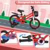 14-inch red kids bike with training wheels, adjustable seat, hand brake, and removable basket for safe riding.