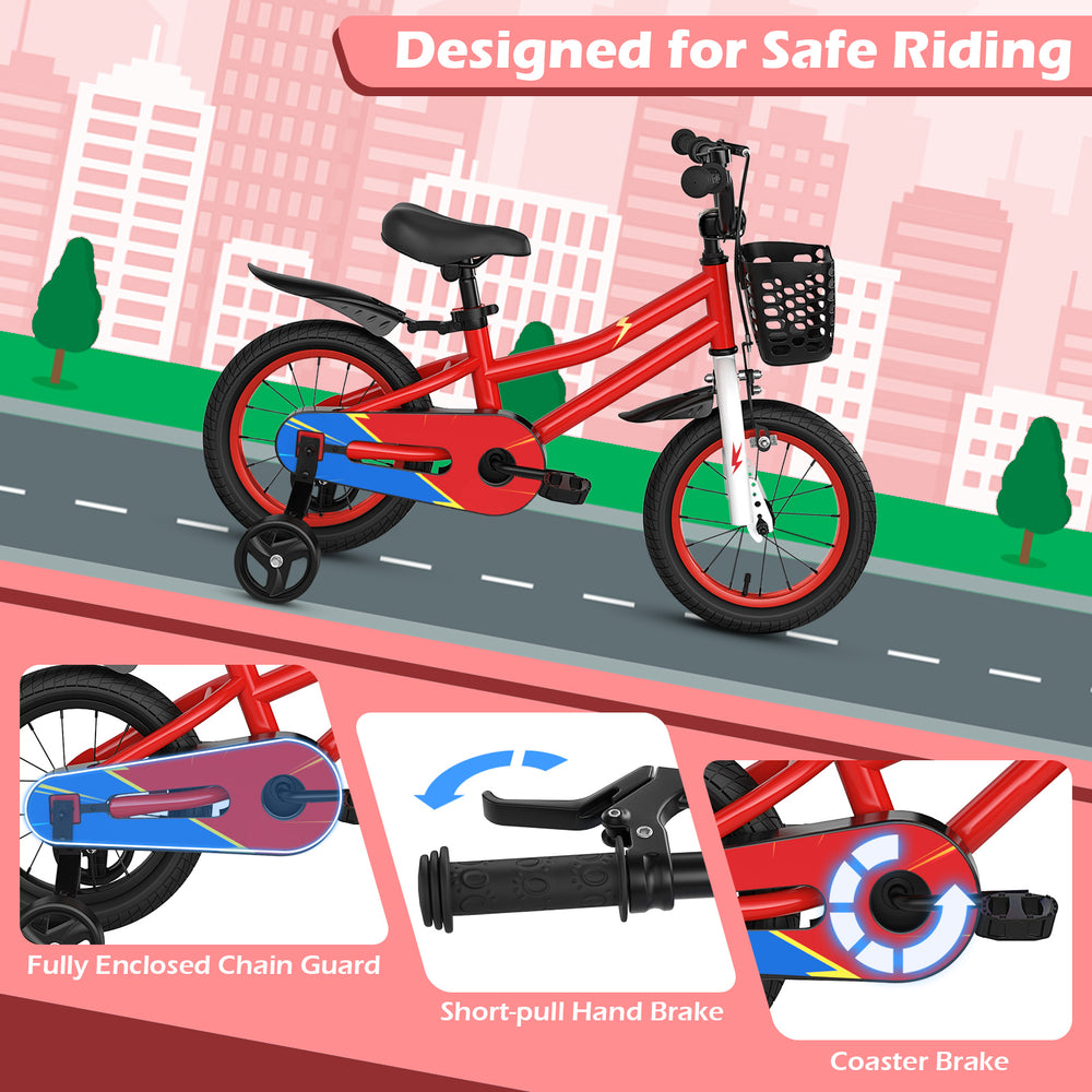 14-inch red kids bike with training wheels, adjustable seat, hand brake, and removable basket for safe riding.