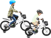 Kids riding 14-inch white bikes with adjustable seats and handlebars, featuring training wheels and removable baskets.