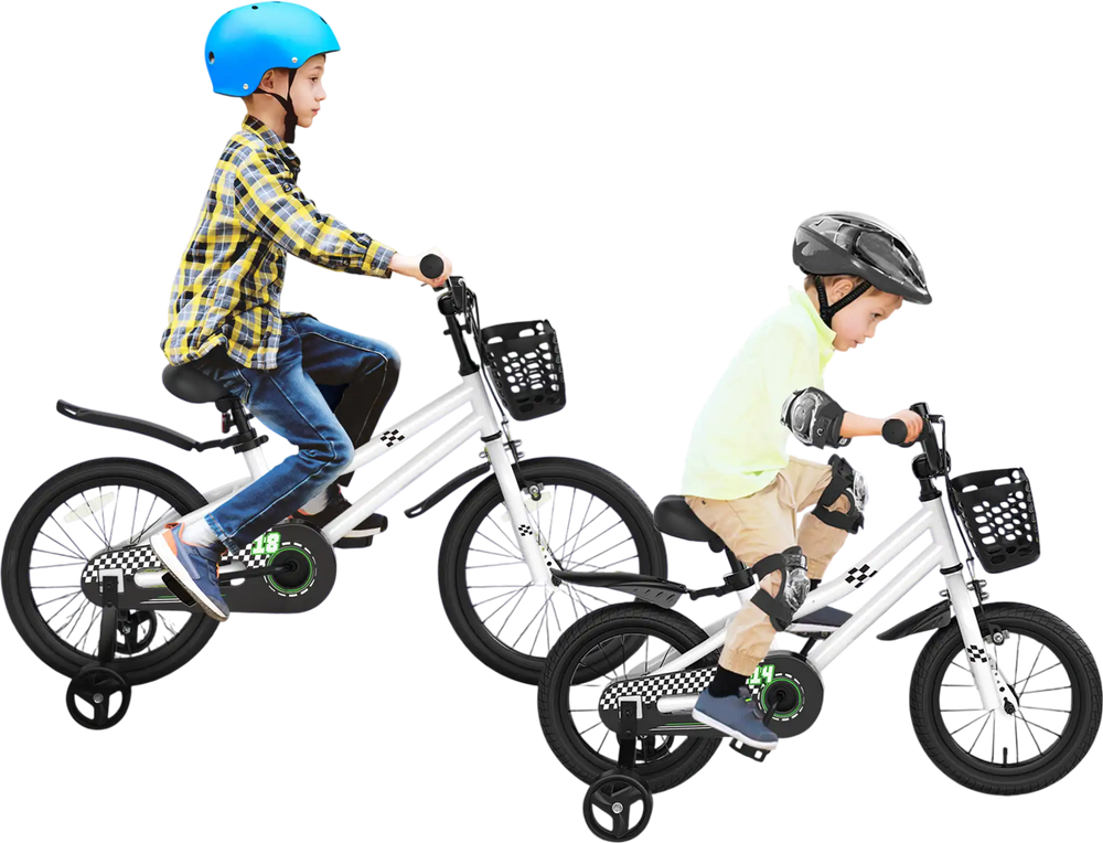 Kids riding 14-inch white bikes with adjustable seats and handlebars, featuring training wheels and removable baskets.