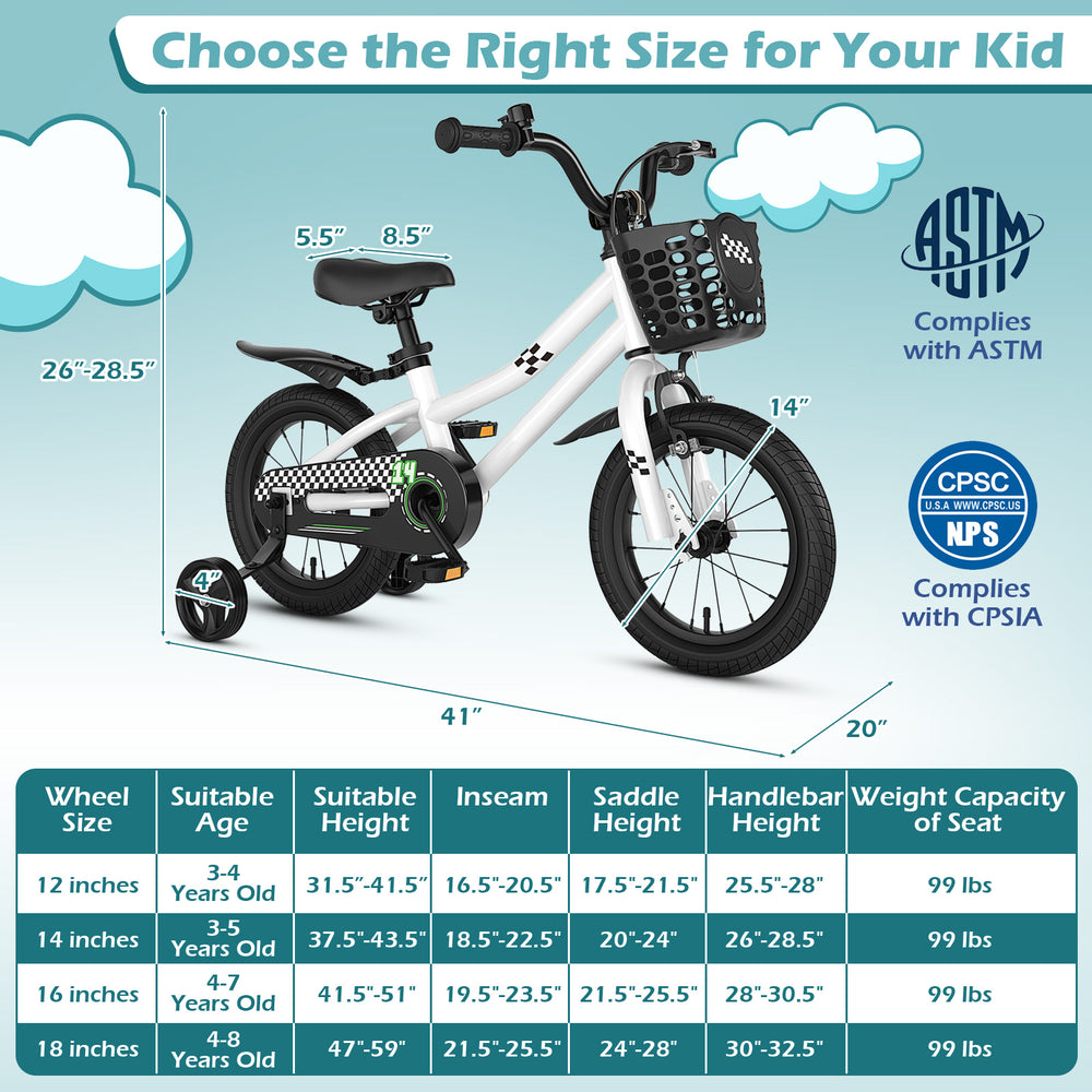 14-inch kids bike in white with adjustable seat and handlebar, removable basket, and training wheels for safe riding.