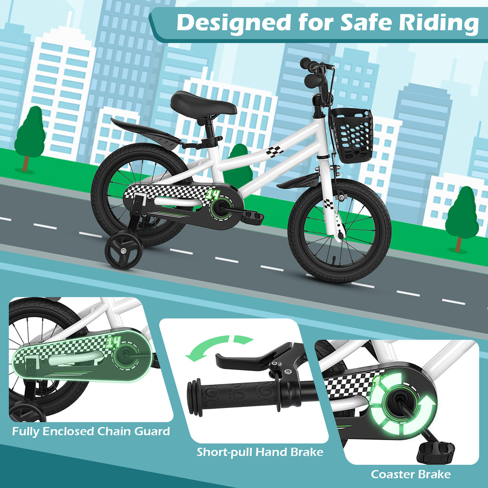14-inch kids bike in white with adjustable seat, hand brake, coaster brake, and removable basket for safe riding.