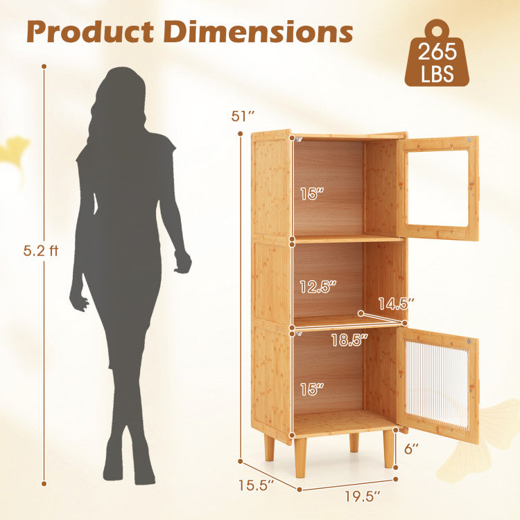 Tall storage cabinet with bamboo construction, sliding glass doors, and rattan accents for stylish organization.