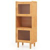 Tall bamboo storage cabinet with sliding glass doors and rattan accents, perfect for displaying items and organizing.
