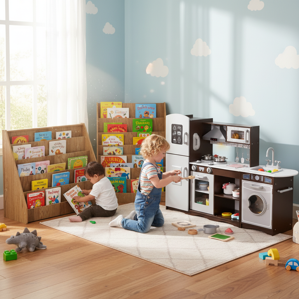 Kids playing with a dark brown pretend play kitchen and gray toy storage rack filled with books and bins.