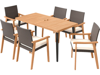 Costway 7-Pc Patio Dining Set Acacia Wood Table 6 Armchairs 40918363 New