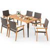 7-piece patio dining set with a solid acacia wood table and mixed brown PE rattan armchairs, perfect for outdoor.