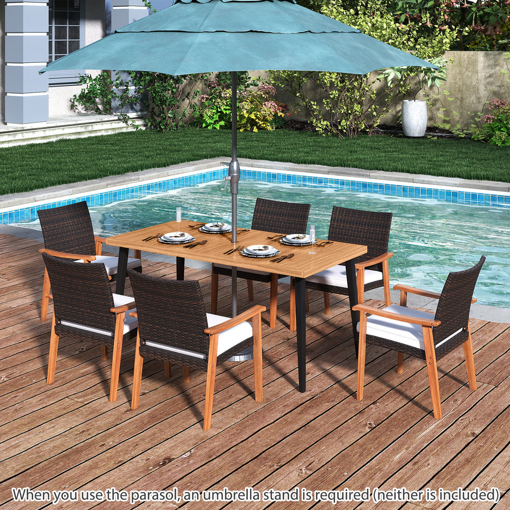 7-piece patio dining set featuring an acacia wood table and 6 armchairs with removable cushions, perfect for outdoor.