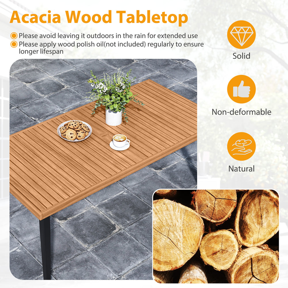 Acacia wood tabletop with a natural finish, showcasing slatted design, ideal for outdoor patio dining.