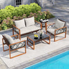 5-piece PE wicker patio furniture set with acacia wood frame, featuring a loveseat, chairs, and tables for outdoor.