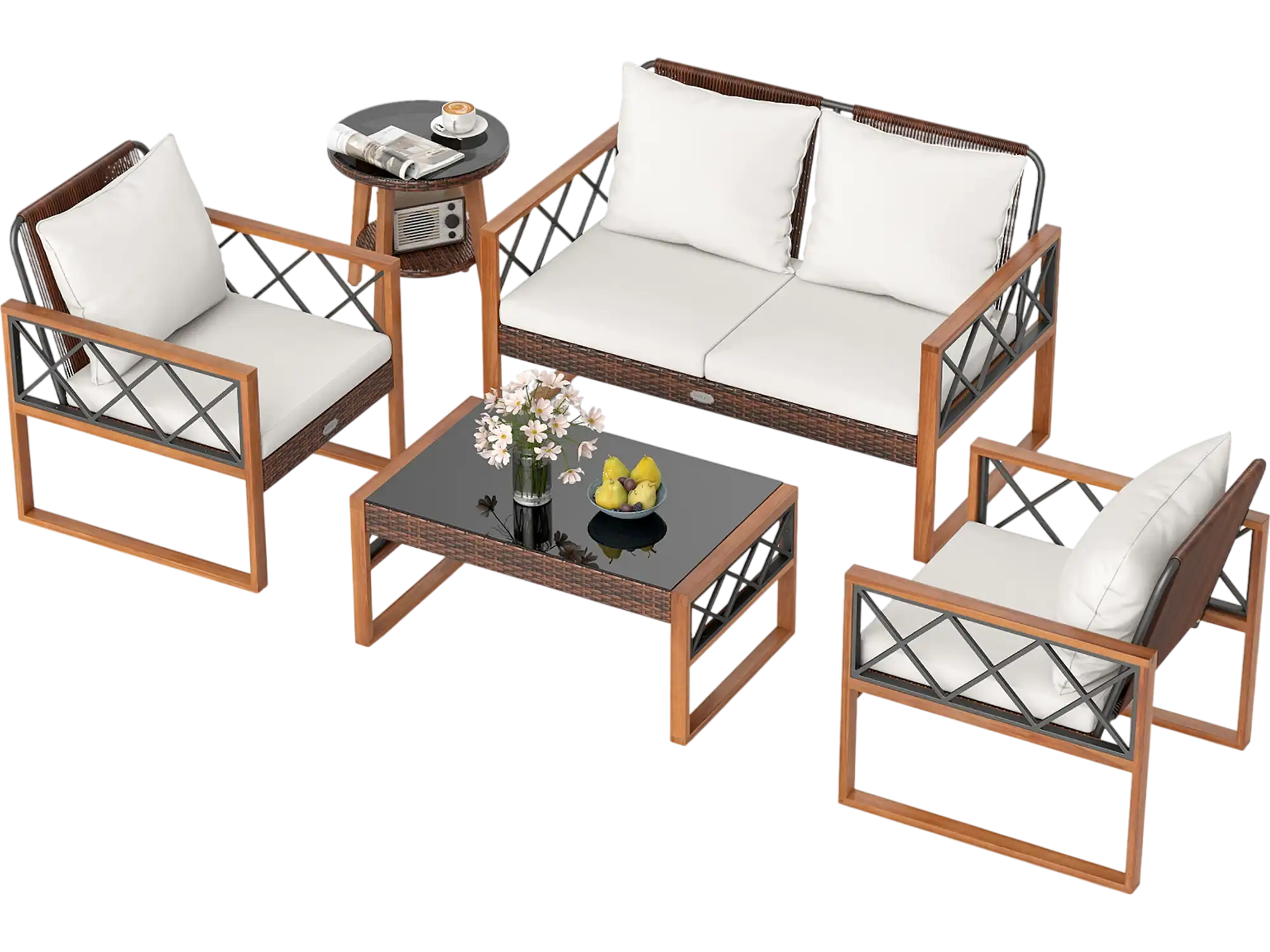 Costway 5-Pc PE Wicker Patio Dining Furniture Set Acacia Wood Frame 85959283 New