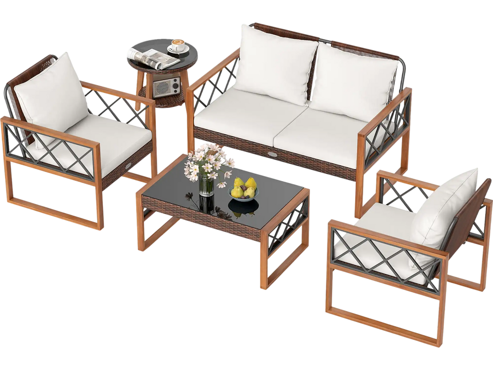 5 Pieces PE Wicker Patio Furniture Set with Acacia Wood Frame