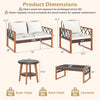 Dimensions of the 5 Pieces PE Wicker Patio Furniture Set with acacia wood frame, including loveseat and tables.