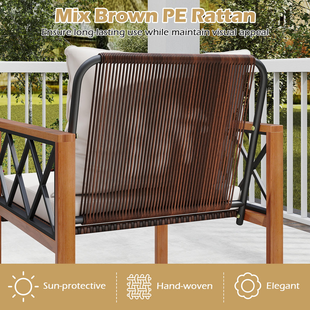Back view of a chair from the 5 Pieces PE Wicker Patio Furniture Set, featuring mix brown PE rattan and acacia wood.