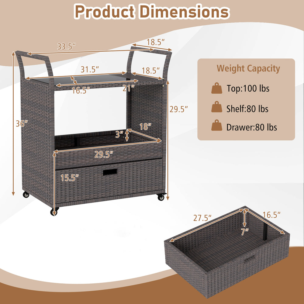 Outdoor wicker bar cart table with tempered glass top, featuring ample storage, wheels, and sun-protective PE rattan.