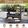Outdoor wicker bar cart with tempered glass top, featuring ample storage, open shelf, and large drawer for patio use.