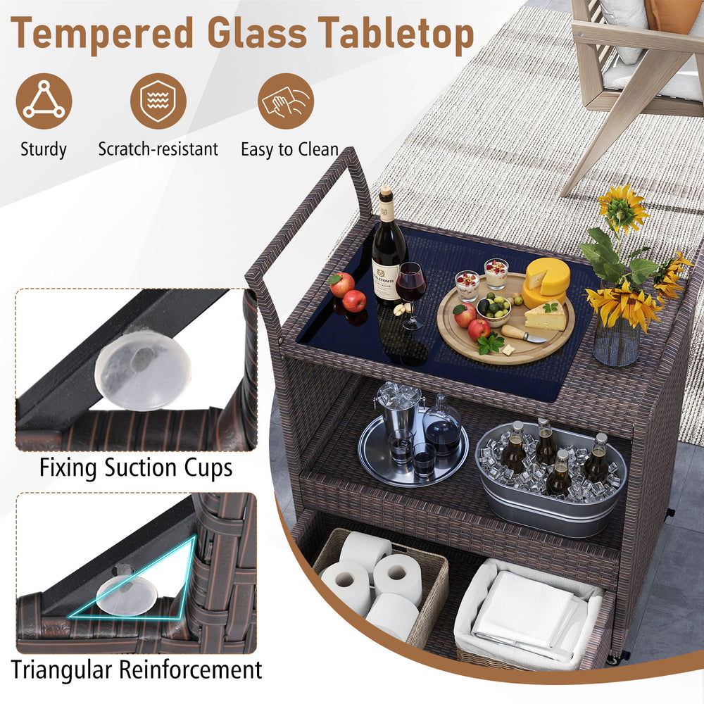 Outdoor wicker bar cart table featuring a tempered glass top, ample storage, and flexible mobility with lockable wheels.