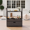 Outdoor wicker bar cart with a sleek tempered glass top, featuring easy-grip handles and 4 wheels for convenient.