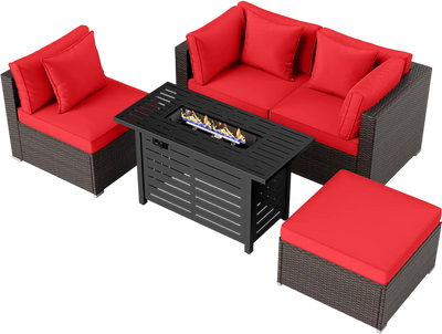 Costway 5-Piece Outdoor Rattan Sofa Set w/ 60000 BTU Fire Pit Table 30158206 New