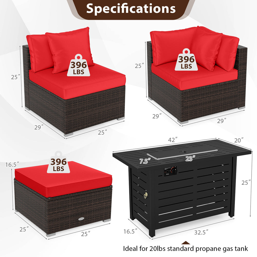 Heavy-duty rattan sofa set with red cushions, featuring a 60,000 BTU firepit table for versatile outdoor seating.