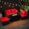 5-piece heavy-duty rattan sofa set with red cushions and 60,000 BTU firepit table, perfect for outdoor relaxation.