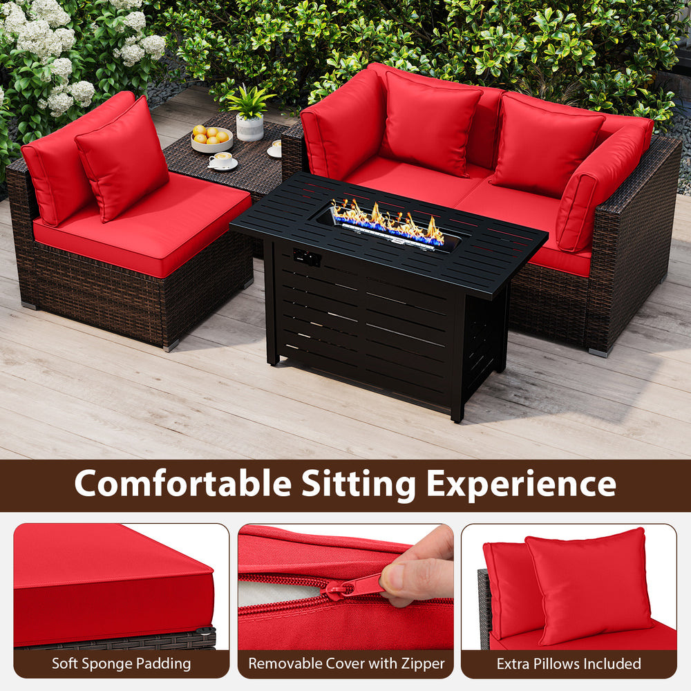 5-piece heavy-duty rattan sofa set with red cushions and 60,000 BTU firepit table for versatile outdoor seating.