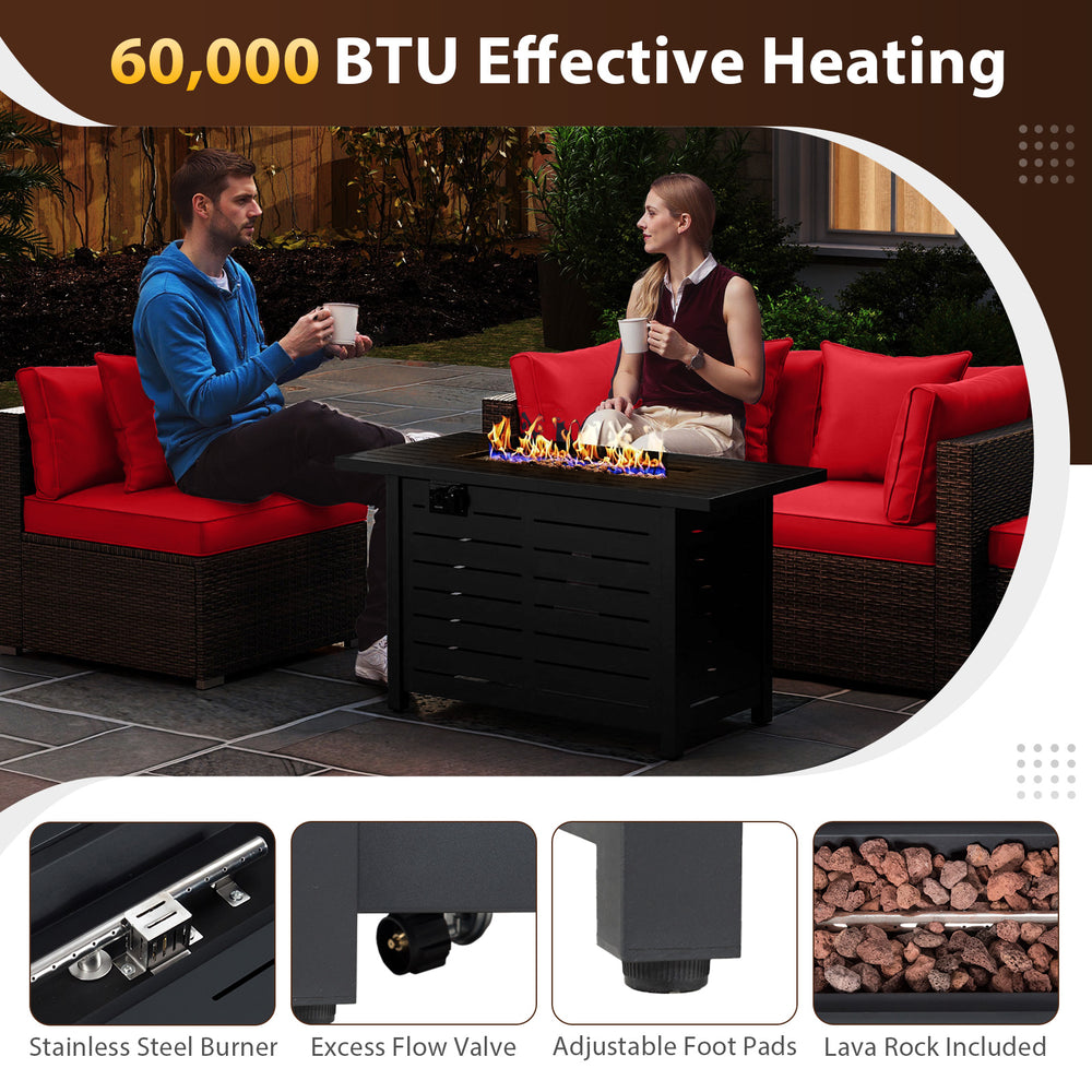 Heavy-duty rattan sofa set with 60,000 BTU firepit table, featuring red cushions and durable PE rattan for outdoor.