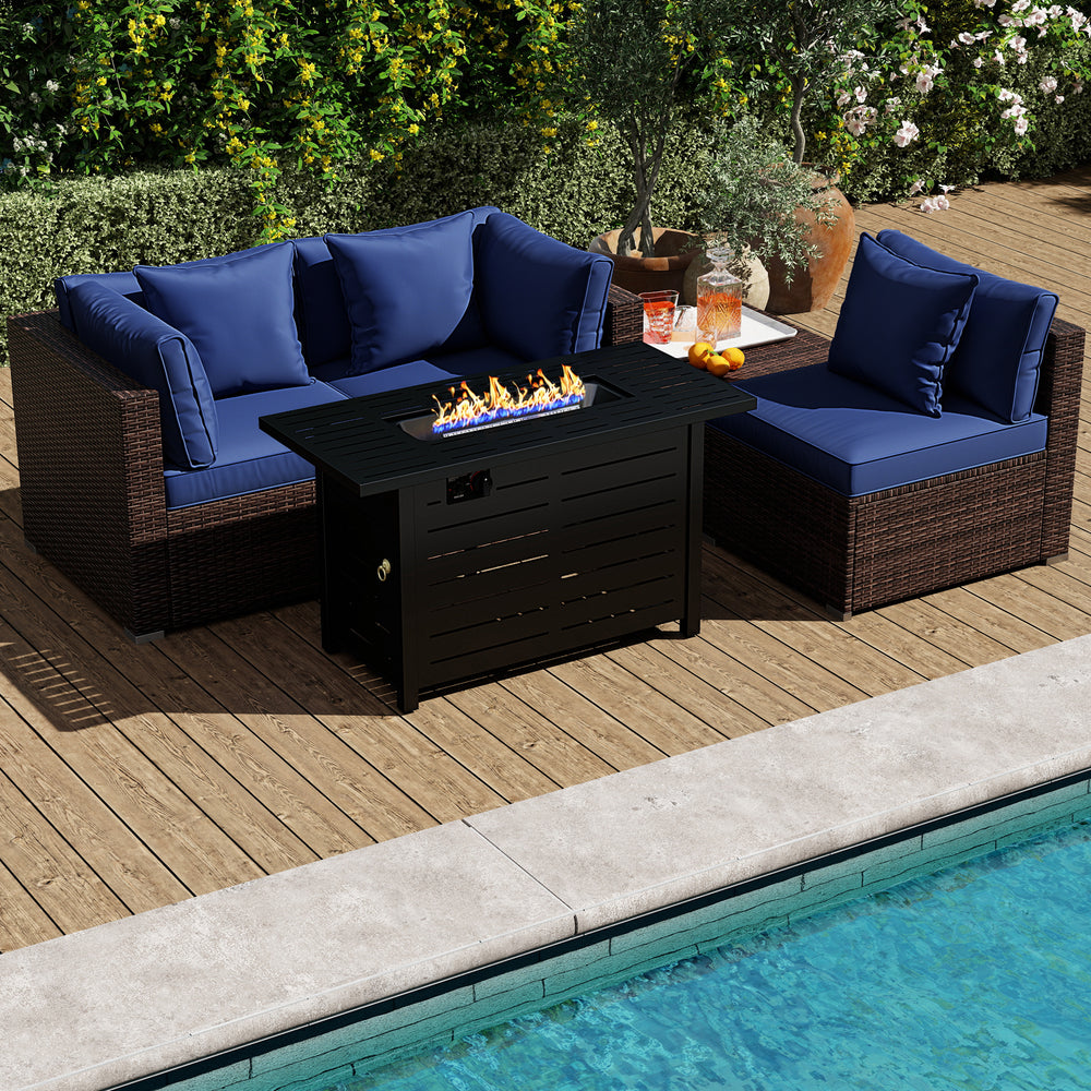 Heavy-duty Frame Rattan Sofa Set with 60000 BTU Firepit Table-Navy - Gallery View 1 of 11