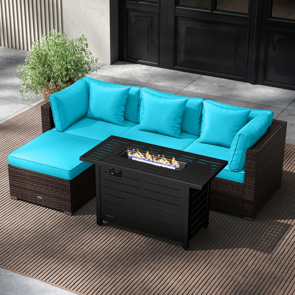 Heavy-duty Frame Rattan Sofa Set with 60000 BTU Firepit Table-Turquoise - Gallery View 1 of 11
