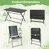 Dimensions of the 5-piece foldable outdoor dining set, including a metal table and armchair specifications.