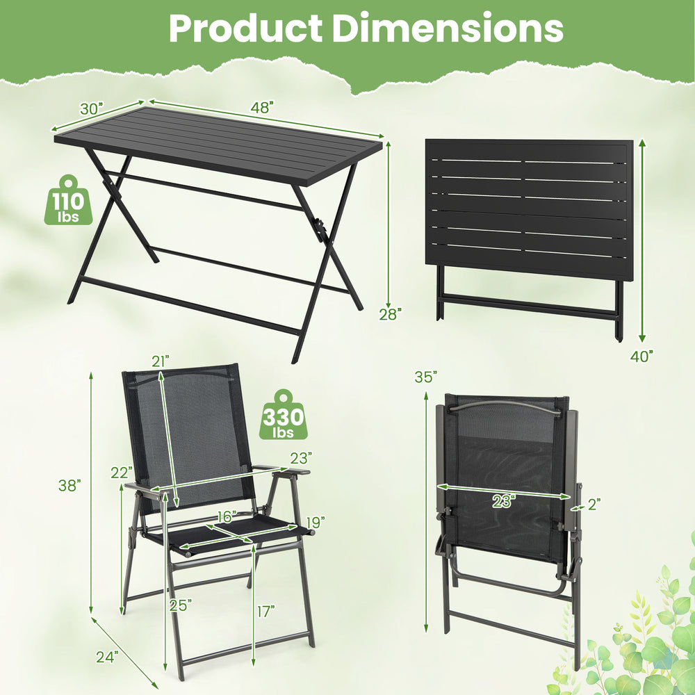 Dimensions of the 5-piece foldable outdoor dining set, including a metal table and armchair specifications.