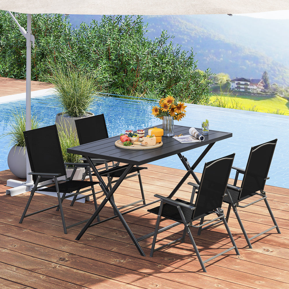 5-piece foldable outdoor dining set featuring a metal table and 4 armchairs, perfect for backyard gatherings.