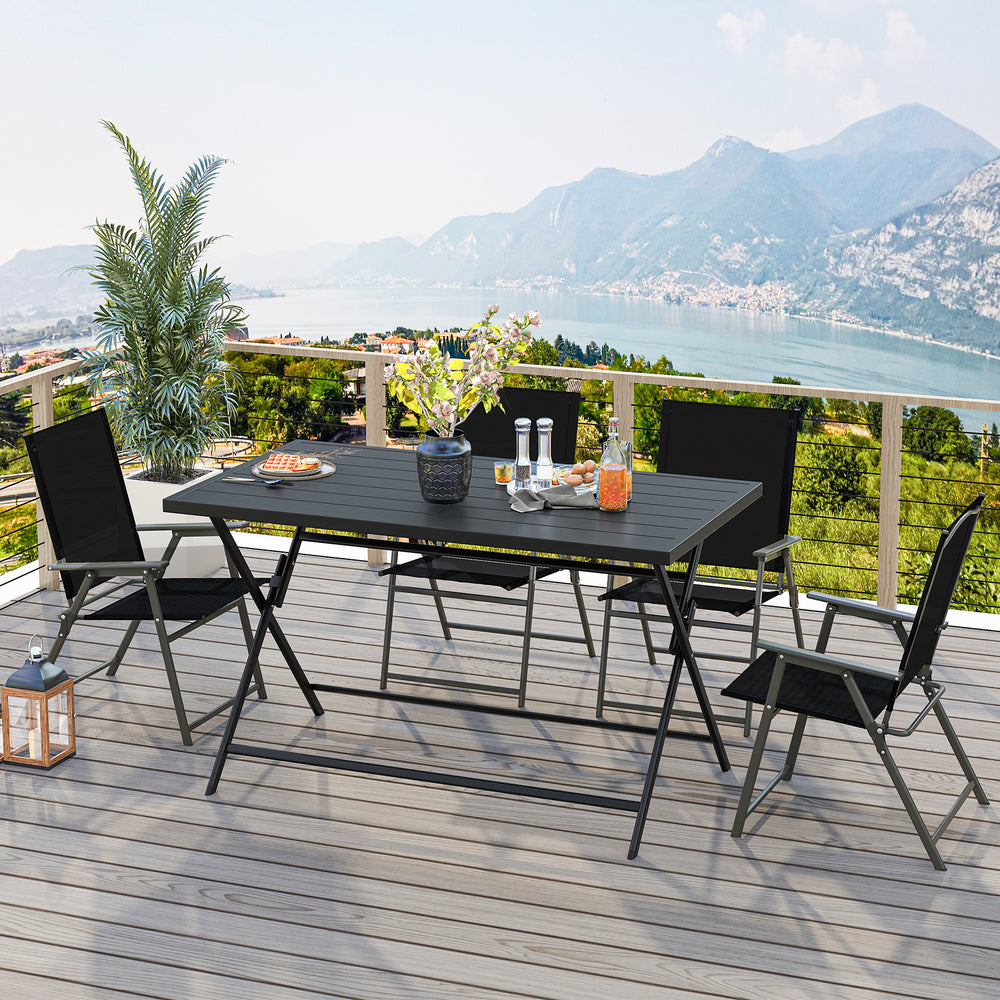 Side view of the foldable outdoor dining set showcasing the sturdy metal table and ergonomic armchairs for backyard use.