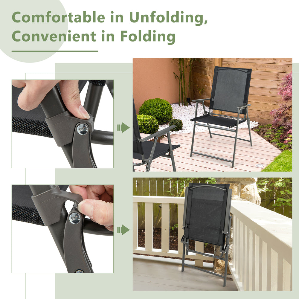 Foldable outdoor dining set featuring a metal table and breathable mesh armchairs, perfect for backyard gatherings.