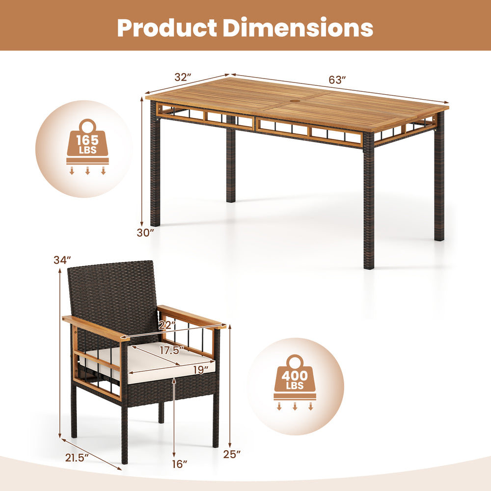 Dimensions of the 7 Pieces PE Wicker Patio Dining Set, featuring a solid acacia wood tabletop and sturdy metal frame.