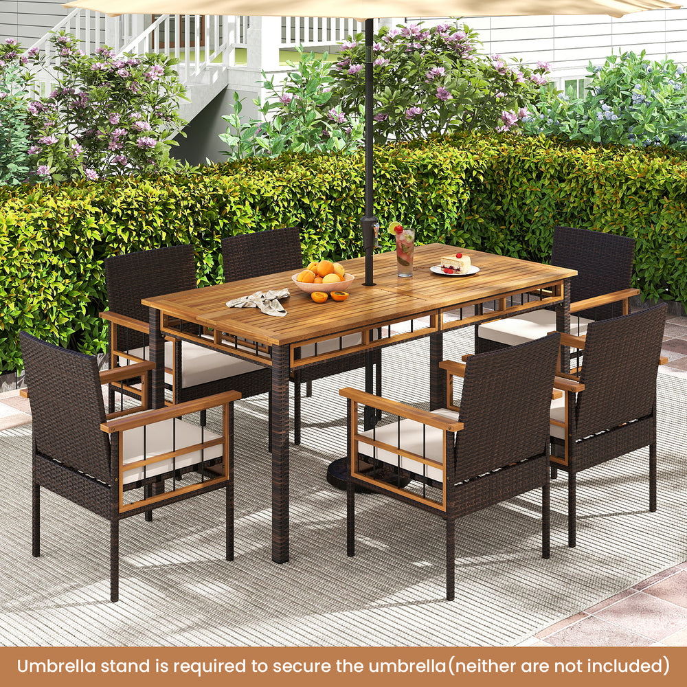 7-piece PE wicker patio dining set with acacia wood tabletop and cozy cushions, perfect for garden and backyard dining.