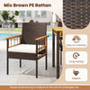 Mix brown PE rattan dining chair with acacia wood armrests, featuring a cozy cushion for comfortable outdoor seating.