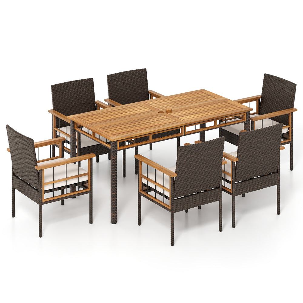 7-piece PE wicker patio dining set featuring a solid acacia wood table and cushioned chairs, ideal for gardens and.
