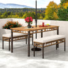 Acacia wood patio dining set featuring a rectangular table and cushioned benches, perfect for outdoor gatherings.