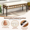 Removable padded cushion on a garden bench, featuring a zippered cover and hook & loop fasteners for easy cleaning.