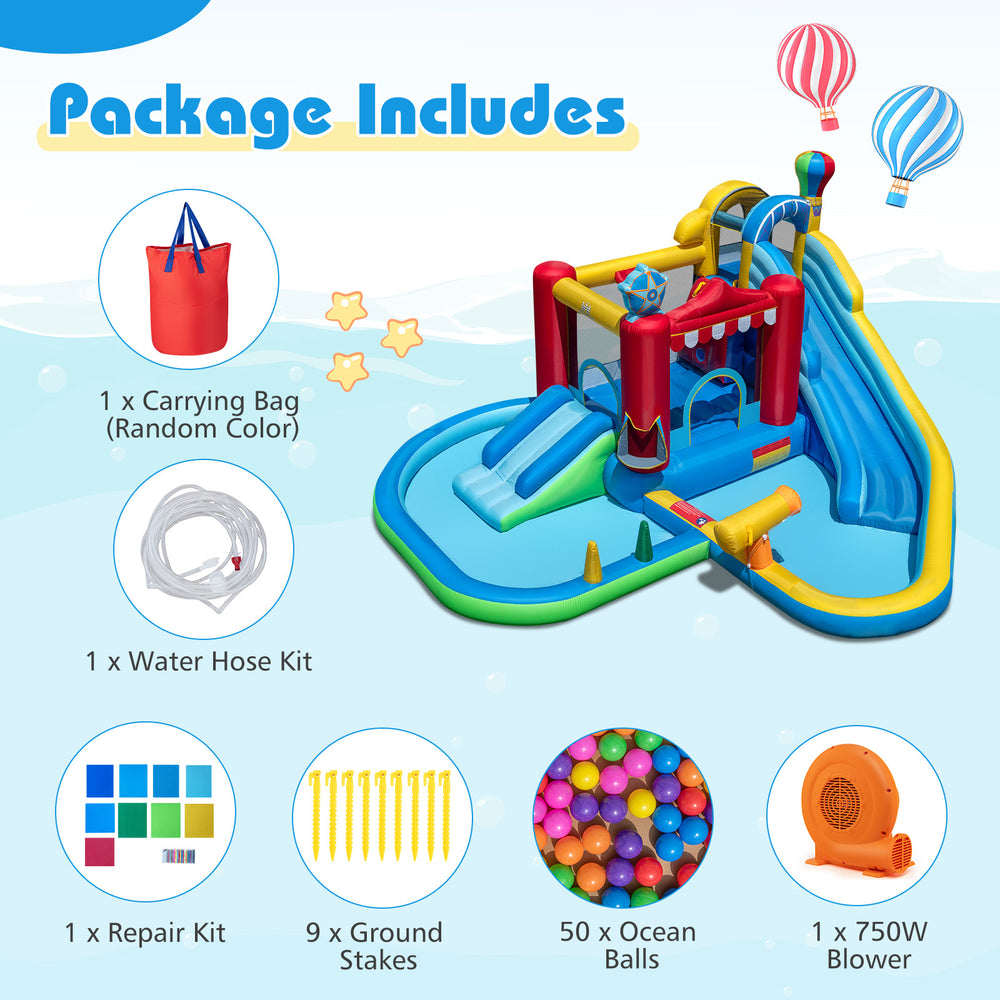 Inflatable water park with splash pool, 50 ocean balls, and 750W blower, made of durable waterproof Oxford fabric.