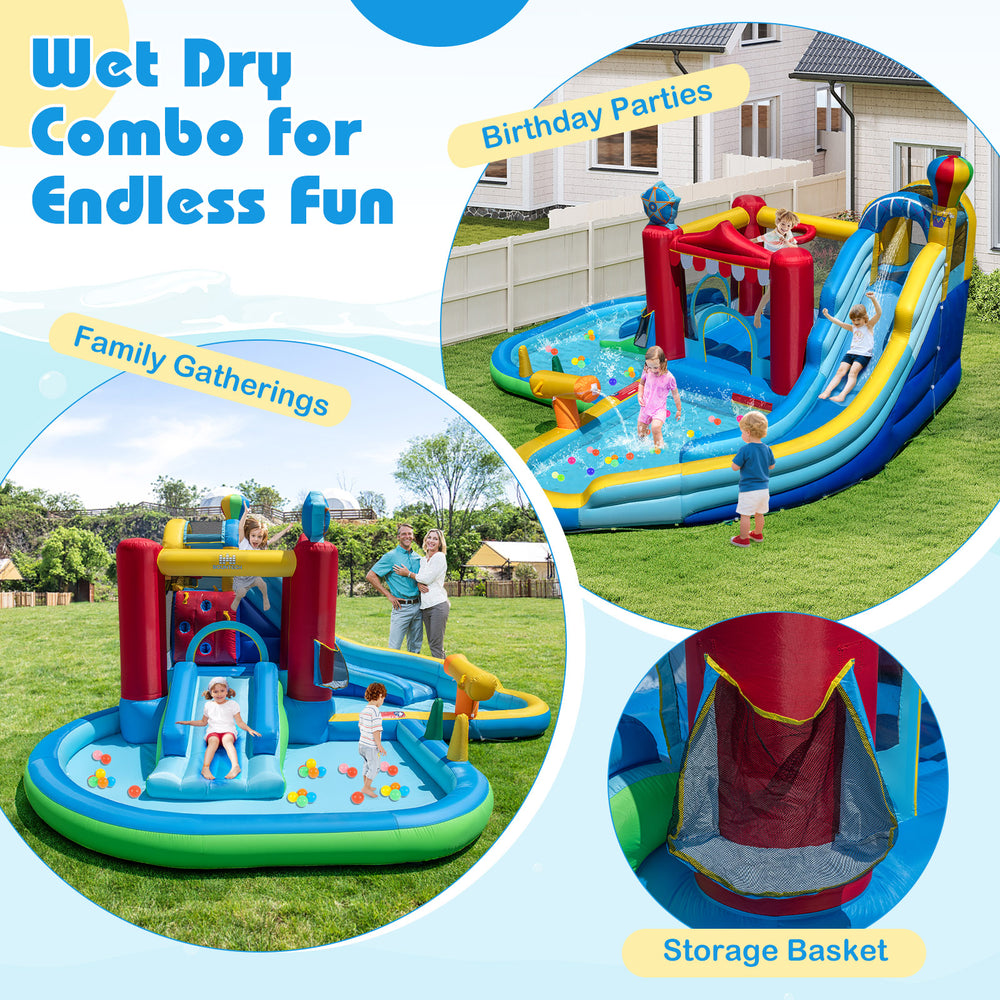 Inflatable water park with splash pool, long slide, and mesh storage bag for backyard fun and safety.