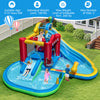 Colorful inflatable water park with slides and splash pool, made of durable Oxford fabric, ideal for backyard fun.