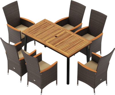Costway 7-Pc Outdoor Patio Dining Set for 6 Wicker Armchairs Acacia Wood Table 36385210 New