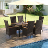 Outdoor dining set for 6 featuring wicker armchairs and an acacia wood table, perfect for patio gatherings.