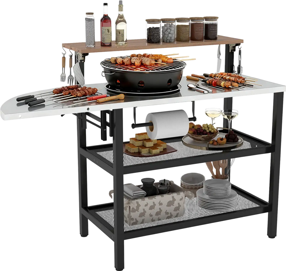 Outdoor Foldable Grill Table with Flip-Up Top and 2 Storage Shelves for Backyard Garden