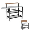 Outdoor foldable grill table with a flip-up wood-like top, two storage shelves, and hooks for utensils, ideal for.