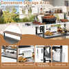 Outdoor foldable grill table with flip-up top, 2 storage shelves, and removable hooks for organized backyard grilling.