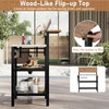 Outdoor foldable grill table with wood-like flip-up top, sturdy metal frame, and two storage shelves for backyard use.